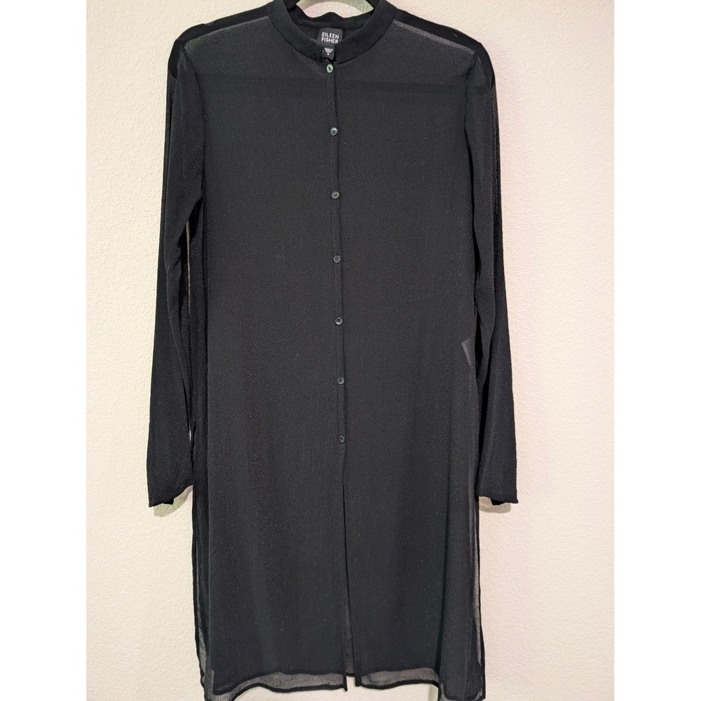 Eileen Fisher Tunic Women S Black Excellent Sheer Silk Metallic Button Front